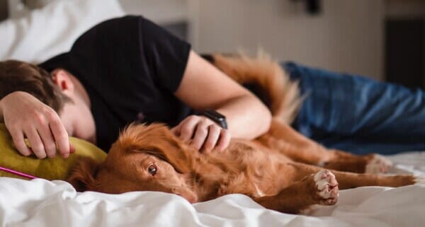 Man-laying-in-bed-with-his-dog